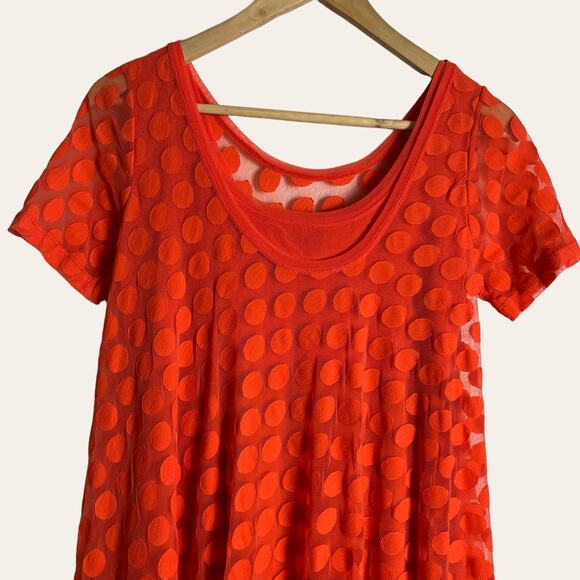 Fuzzi Short-Sleeve Asymmetric-Hem Dotted Orange Midi Dress Size L - Picture 4 of 8